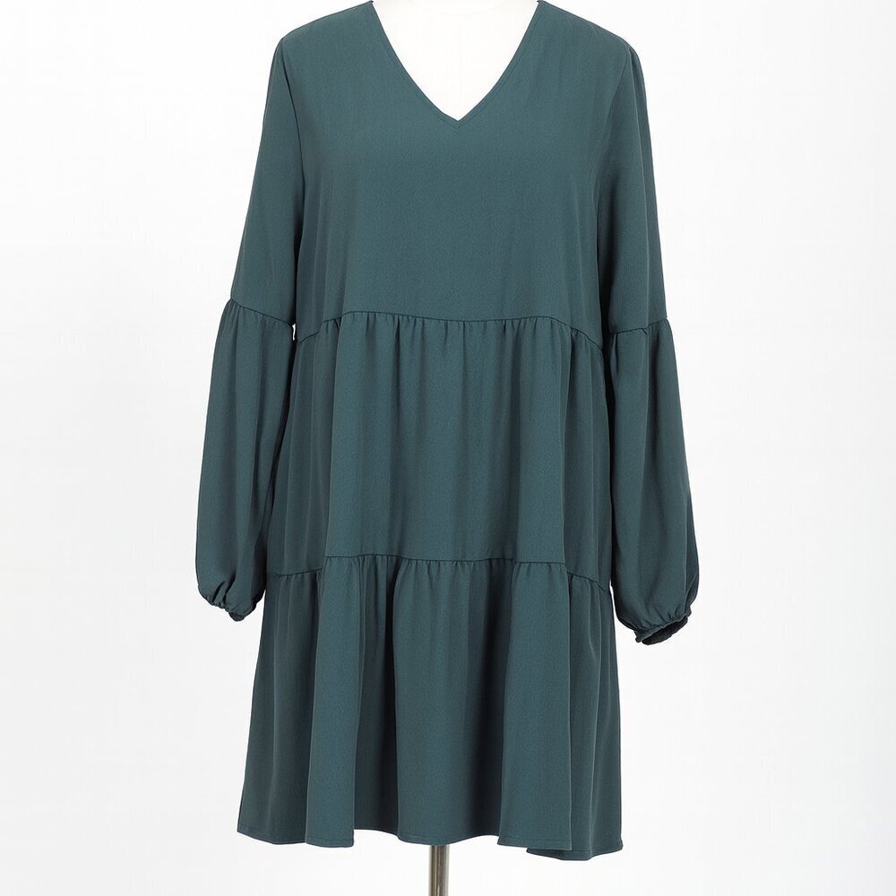 Amazon Boho Chic Green Long Sleeve Tiered V-Neck Tunic Dress M NIB